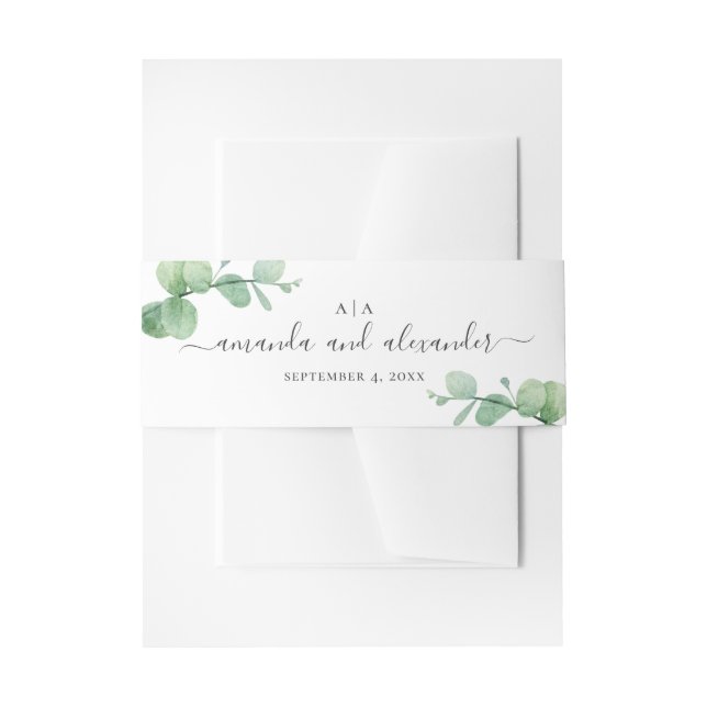 Wasserfarben-Eukalyptus. Hochzeit mit eleganten Sc Einladungsbanderole (Vorderseite Beispiel)