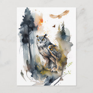 Wasserfarben-Eule im Wald Postkarte