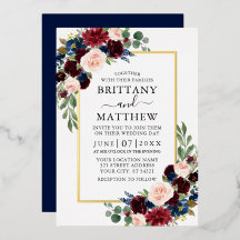 Wasserfarben Floral Burgundy Blue Wedding Gold