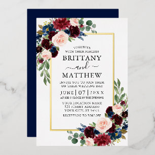 Wasserfarben Floral Burgundy Blue Wedding Gold Folieneinladung