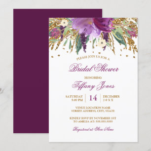 Wasserfarben Floral Funkelnde Amethyst-Brautparty Einladung