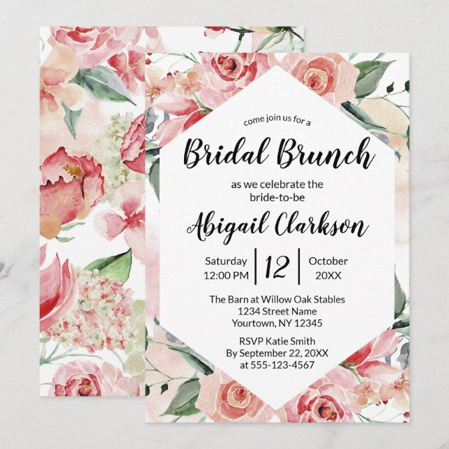 Wasserfarben Floral Hexagon Bridal Brunch Dusche Einladung (Vorne/Hinten)