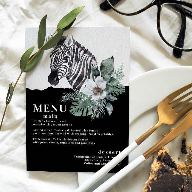 Wasserfarben Floral Wild Zebra Safari Wedding Menu (Von Creator hochgeladen)