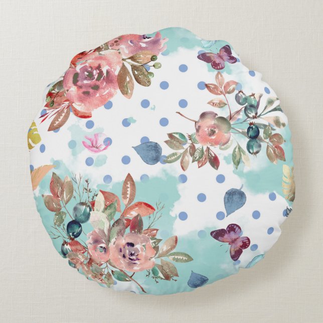 Wasserfarben Florals auf Weiß Rundes Kissen (Rückseite)