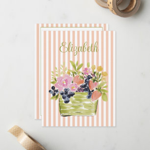Wasserfarben Früchte- und Blumenkorb auf Streifen Mitteilungskarte