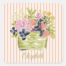 Wasserfarben Früchte- und Blumenkorb auf Streifen