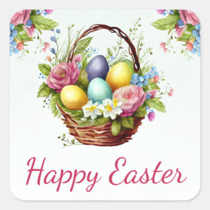 Wasserfarben Frühlingsblumen Korb Frohe Ostern Quadratischer Aufkleber