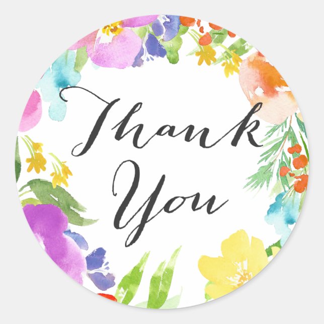 Wasserfarben Frühlingsblumen Kranz Danke Sticker (Vorderseite)