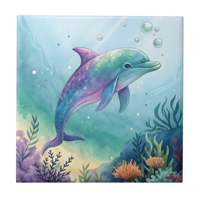 Wasserfarben gemalter Delfin Fliese (Vorderseite)