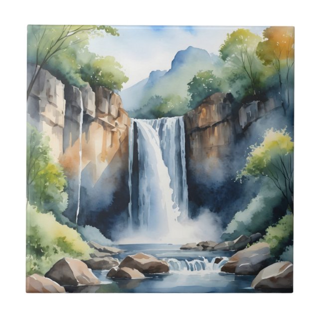 Wasserfarben gemalter Wasserfall Fliese (Vorderseite)