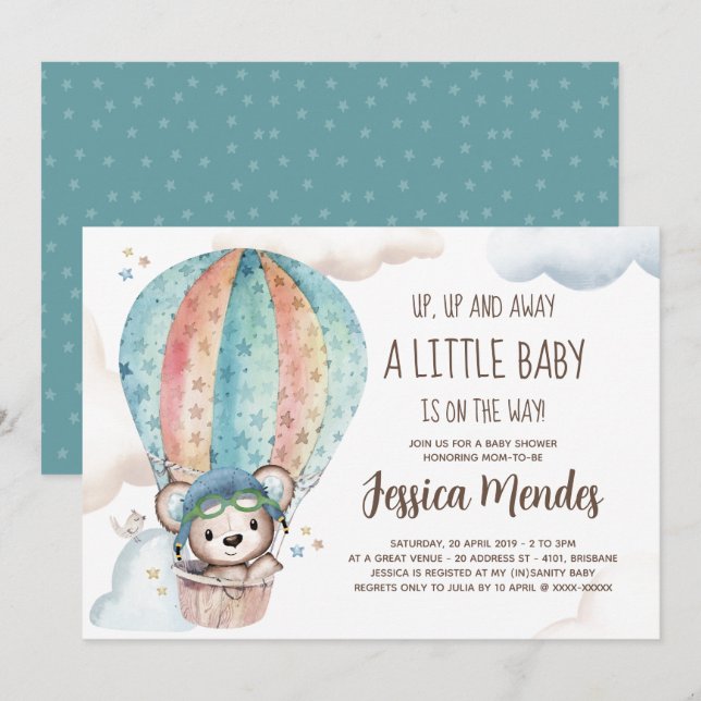 Wasserfarben-Gender-Neutral-Teddy-Bear-Babydusche Einladung (Vorne/Hinten)