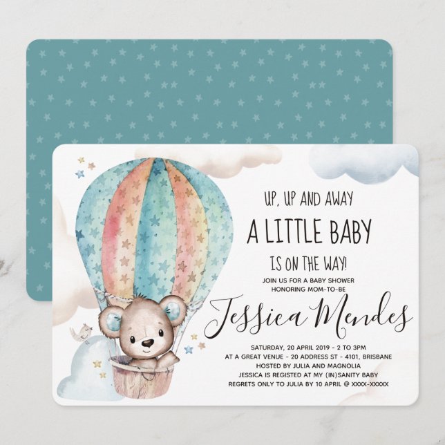 Wasserfarben-Gender-Neutral-Teddy-Bear-Babydusche Einladung (Vorne/Hinten)