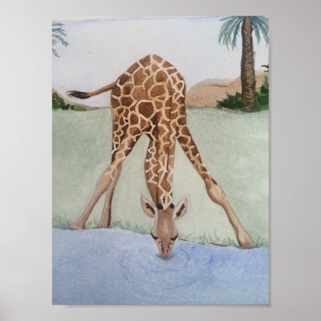 Wasserfarben Giraffe Drink Water Art Poster (Vorne)
