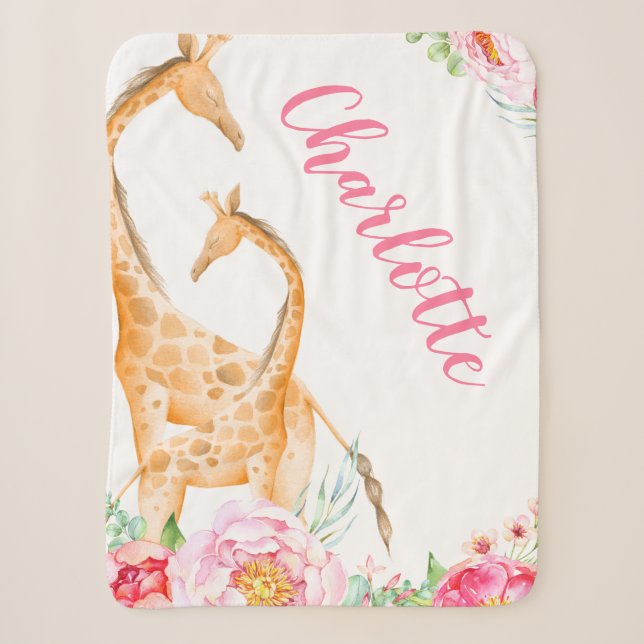 Wasserfarben Giraffe Floral Girl Personalisiert Sherpadecke (Vorderseite)