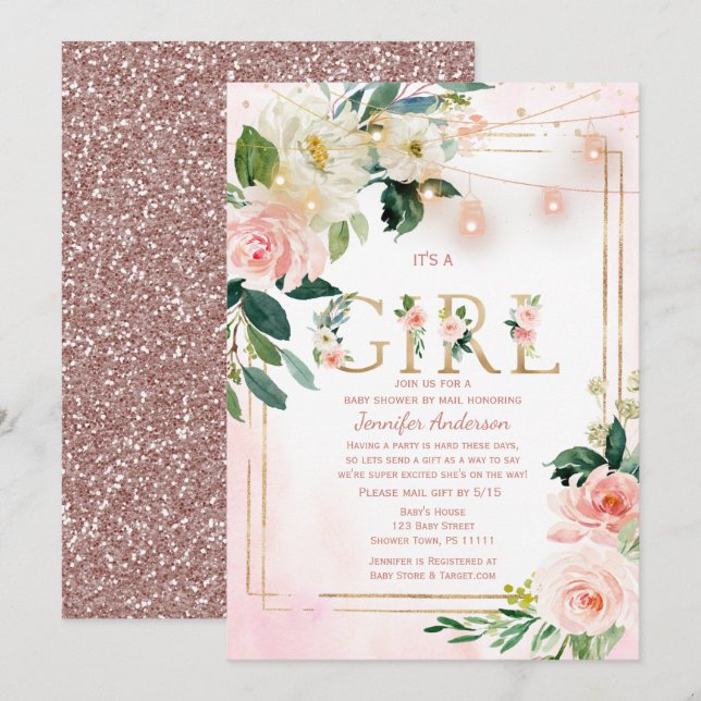 Wasserfarben Glitzer Baby Girl SHOWER BY MAIL Einladung (Vorne/Hinten)