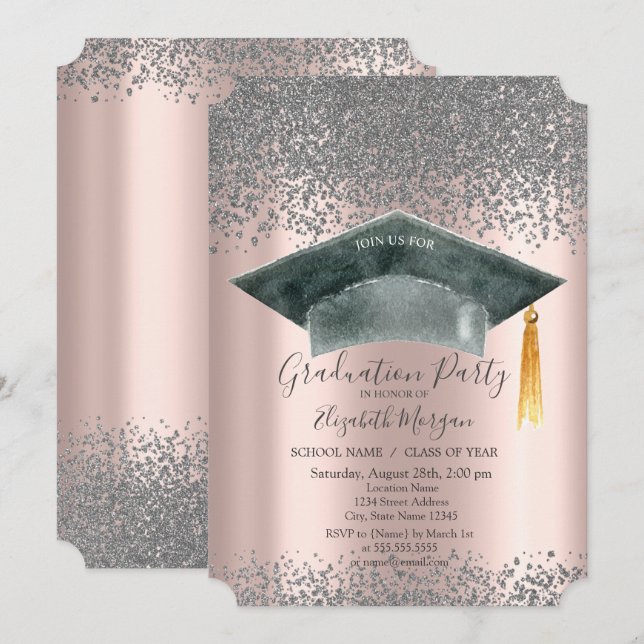 Wasserfarben-Grad-Kappe, Diamanten-Rose-Gold-Absch Einladung (Vorne/Hinten)