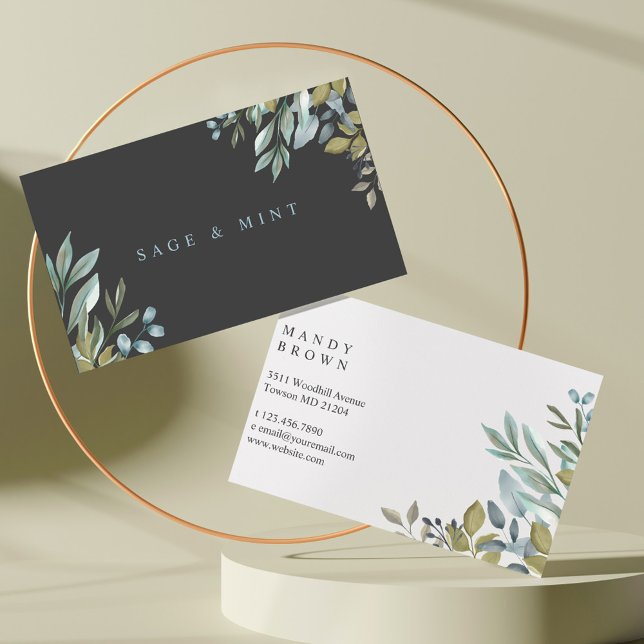 Wasserfarben-Grünflächen aus Weide und Leaf Visitenkarte (Sage And Leaf Watercolor Greenery Business Card)