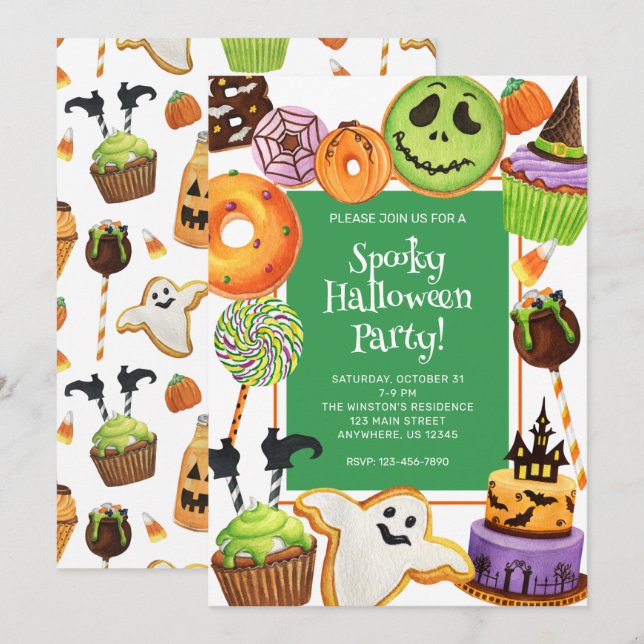 Wasserfarben Halloween Cookies und Süßigkeiten Par Einladung (Vorne/Hinten)