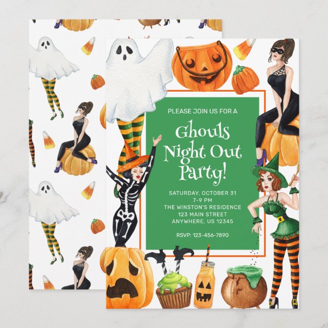 Wasserfarben Halloween Fashion Girls Hexen Party Einladung (Vorne/Hinten)