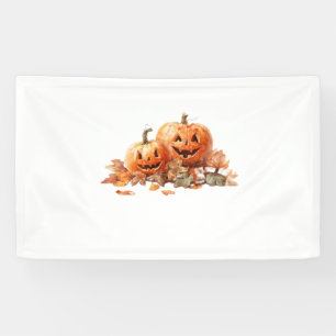 Wasserfarben-Halloween-Kürbis mit Herbstblättern O Banner