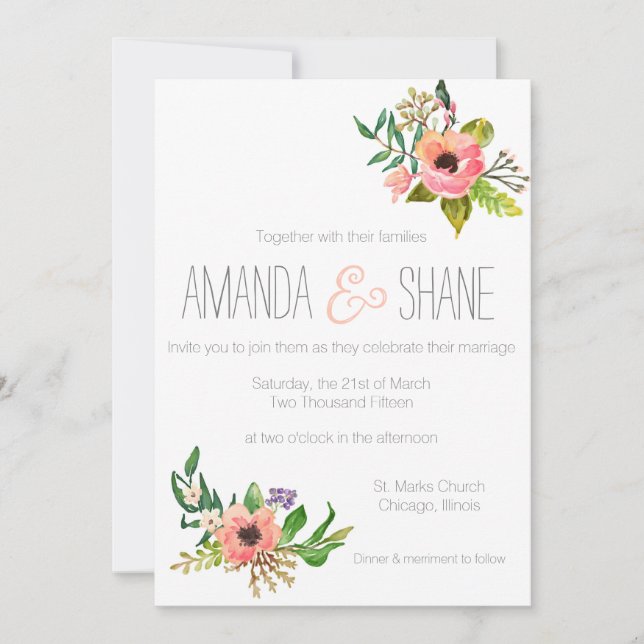 Wasserfarben, handgestrichen Floral Wedding Einlad Einladung (Vorderseite)