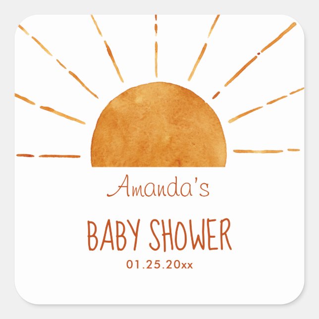Wasserfarben Happy Yellow Sunshine Boho Babydusche Quadratischer Aufkleber (Vorderseite)