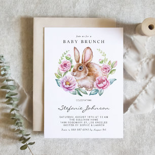Wasserfarben-Häschen und rosa Blumen Baby-Brunch Einladung