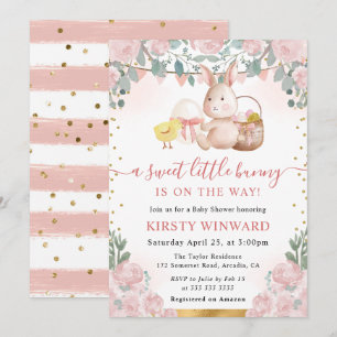 Wasserfarben-Hase und rosa Blumen Baby Shower Einladung