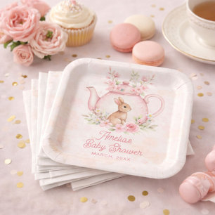 Wasserfarben-Hasen-Kaninchen-Teekanne-Blumen-Baby- Pappteller