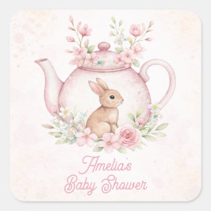Wasserfarben-Hasen-Kaninchen-Teekanne-Blumen-Baby- Quadratischer Aufkleber