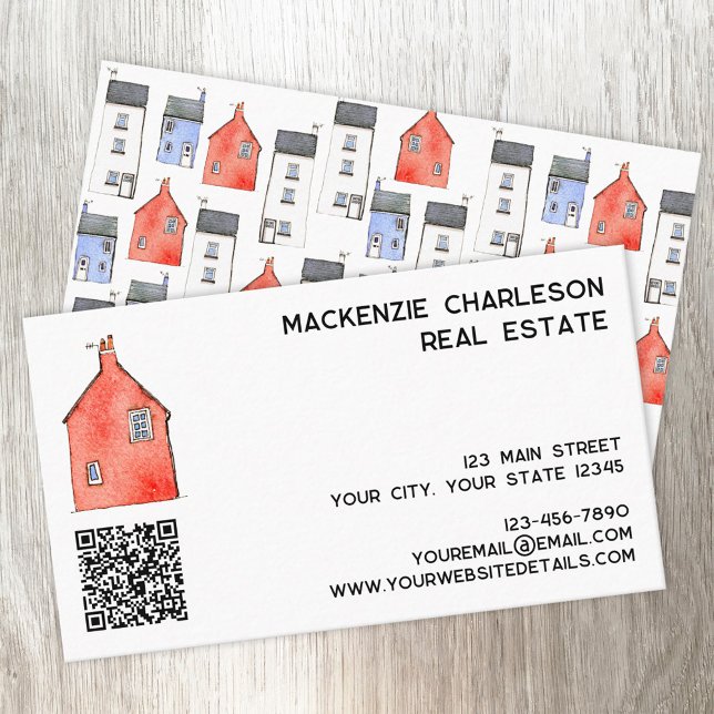 Wasserfarben Haus Art QR Code Real Anwesen Visitenkarte (Watercolor house art QR code custom text business card for real estate letting agent home services)