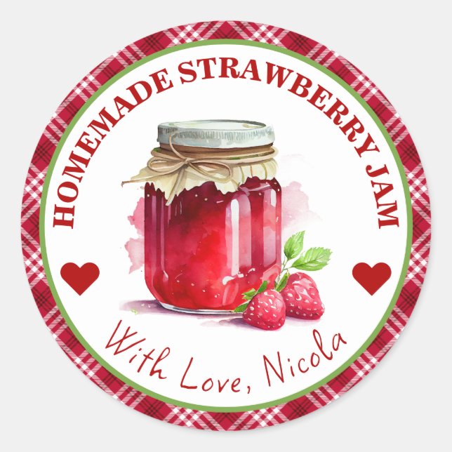 Wasserfarben, hausgemachte Erdbeeren, Jam Label Runder Aufkleber (Vorderseite)