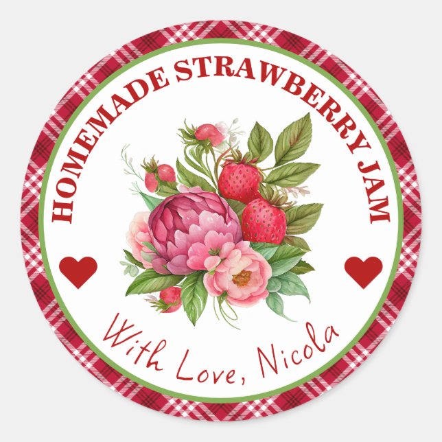 Wasserfarben, hausgemachte Erdbeeren, Jam Label Runder Aufkleber (Vorderseite)