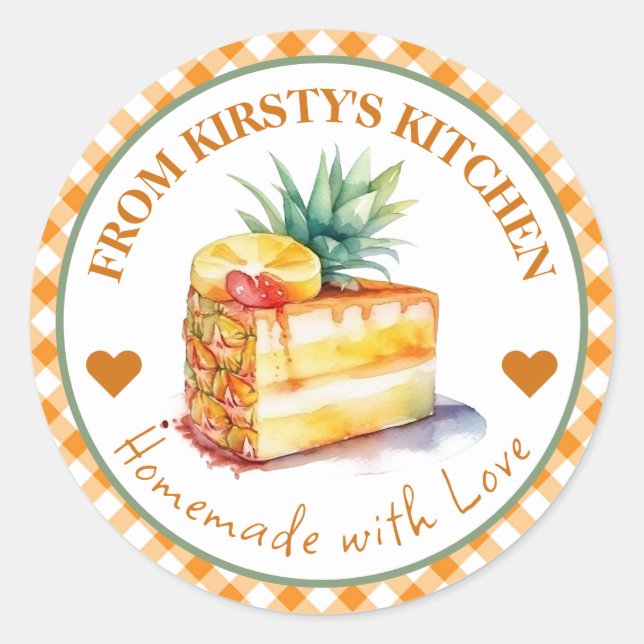 Wasserfarben, hausgemachte Gingham-Ananas-Kuchen-E Runder Aufkleber (Vorderseite)