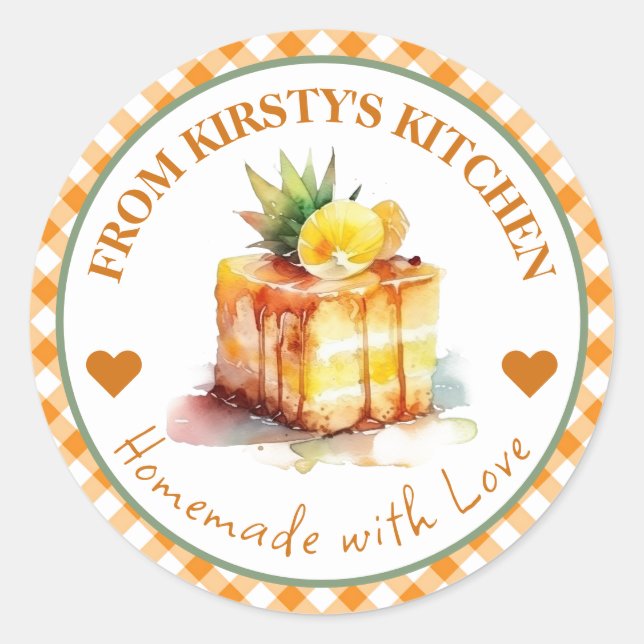 Wasserfarben, hausgemachte Gingham-Ananas-Kuchen-E Runder Aufkleber (Vorderseite)