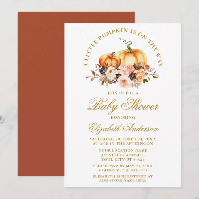 Wasserfarben Herbst Blumenpumpen Baby Dusche Gold Einladung (Vorne/Hinten)