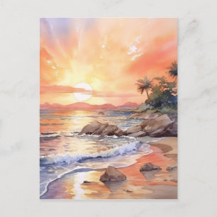 Wasserfarben-Hintergrund Sonnenuntergang am Strand Postkarte