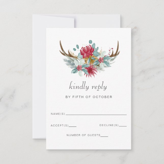 Wasserfarben-Hirsch-Blumenkiefer Winterhochzeit RSVP Karte (Vorderseite)