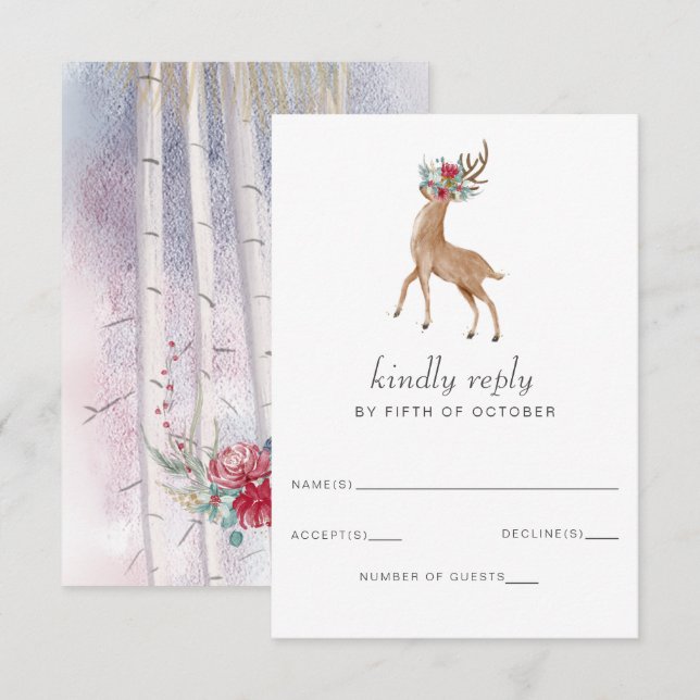 Wasserfarben-Hirsch-Blumenkiefer Winterhochzeit RSVP Karte (Vorne/Hinten)