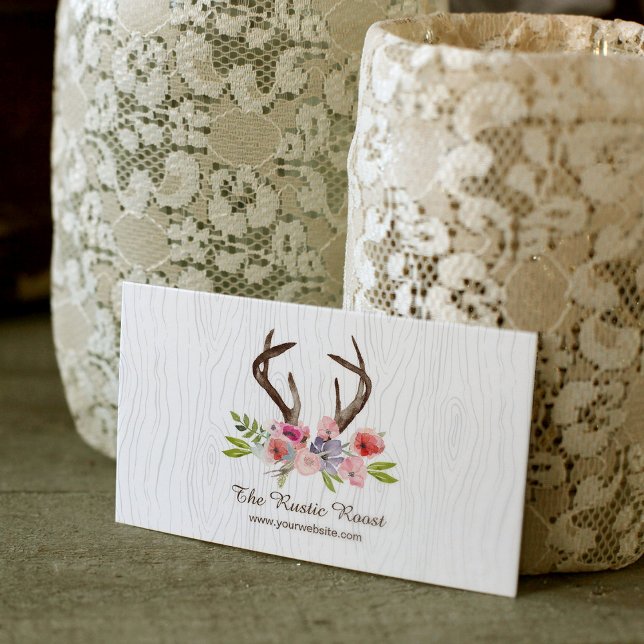 Wasserfarben Hirsche Antler Wildblumen Imitate Boi Visitenkarte (Watercolor Deer Antlers Wildflowers Faux Bois Business Card)