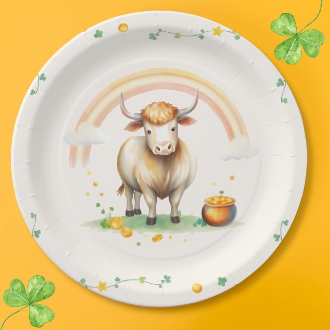Wasserfarben Hochland Kuh Rainbow St Patricks Day Pappteller (Watercolor Highland Cow, Rainbow and pot of gold St. Patrick's Day Theme Paper Plates)