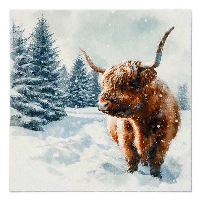 Wasserfarben-Hochland-Kuh-Winterlandschaft Poster (Vorderseite)