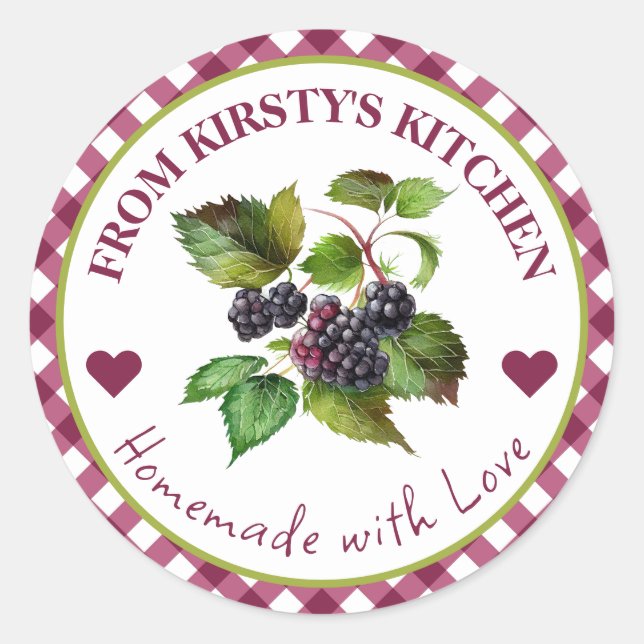 Wasserfarben-Homemade Gingham BlackBerry Jam Label Runder Aufkleber (Vorderseite)