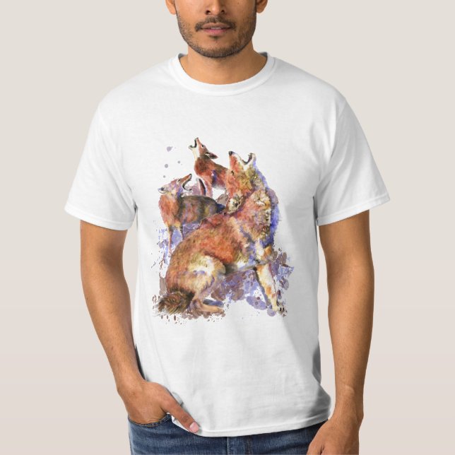 Wasserfarben Howling Coyotes Animal Nature Art T-S T-Shirt (Vorderseite)
