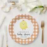 Wasserfarben-HühnerBaby-Dusche Pappteller<br><div class="desc">"Ein kleines Huhn ist unterwegs". Feiern Sie mit diesem Cartoon-Hähnchengewächse Baby-Dusche-Party! Wasserfarbenes niedliches Küken mit Babygesicht. Orangefarbener Käfig</div>