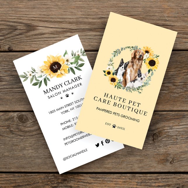 Wasserfarben Hunde Sonnenblumen Blumenkranz Pflege Visitenkarte (Von Creator hochgeladen)