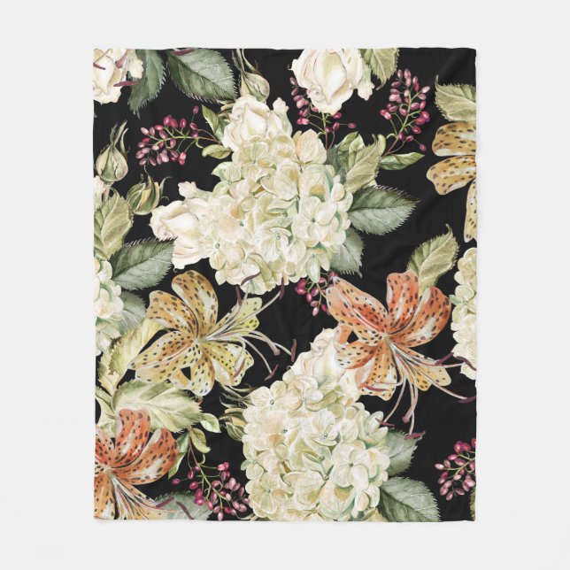 Wasserfarben-Hydrangeas-Lilien: Blumenmuster Fleecedecke (Vorderseite)