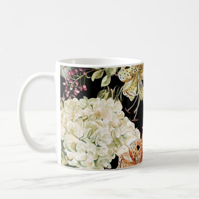 Wasserfarben-Hydrangeas-Lilien: Blumenmuster Kaffeetasse (Links)