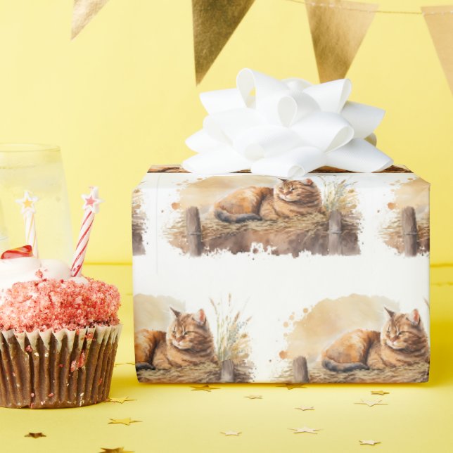 Wasserfarben-Ingwer-Katze auf Hay Geschenkpapier (Geburtstagsparty)