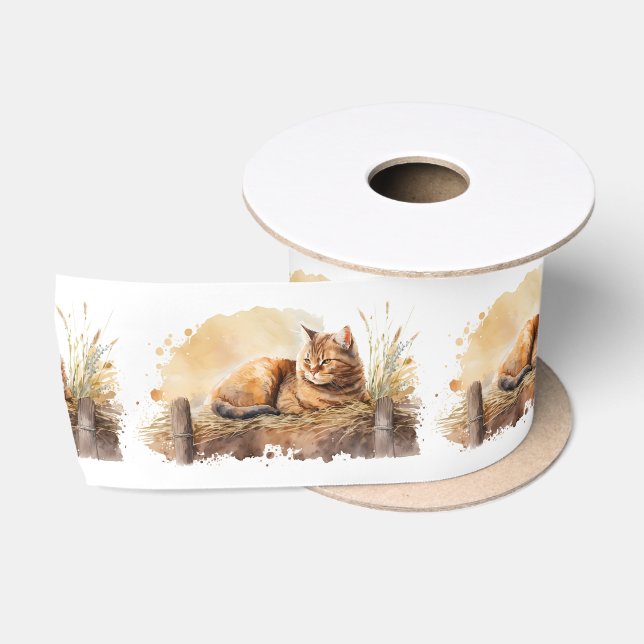 Wasserfarben-Ingwer-Katze auf Hay Satinband (Spule)